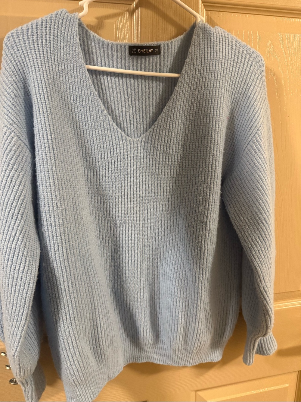 Sheilay Light Blue V-Neck Ribbed Knit Sweater